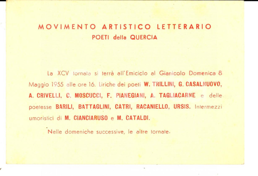 Oggetto da collezione cartaceo 1955 ROMA POETI DELLA QUERCIA Invito per pubblica lettura al GIANICOLO 1