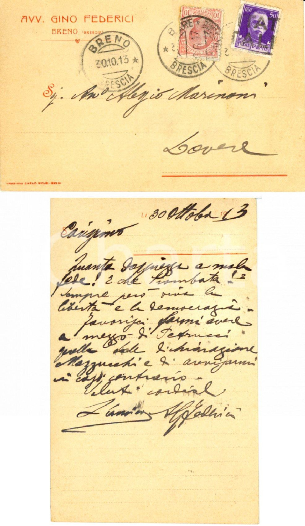 Autografo originale 1913 BRENO BS Che trombata! Però viva la libertà Autografo avv. Gino FEDERICI 1