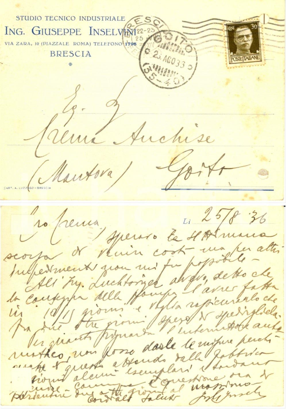 Autografo originale 1936 BRESCIA Ing. Giuseppe INSELVINI su consegna pompa *Autografo FG VG 1