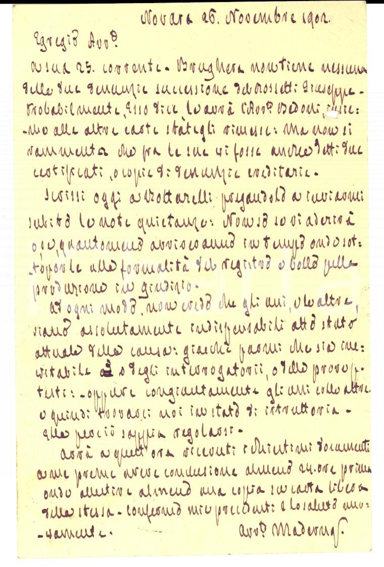 Documento originale, autentico 1902 NOVARA Avv. Enrico MADERNA al collega Giuseppe BRONCHETTI Cartolina FP VG 1