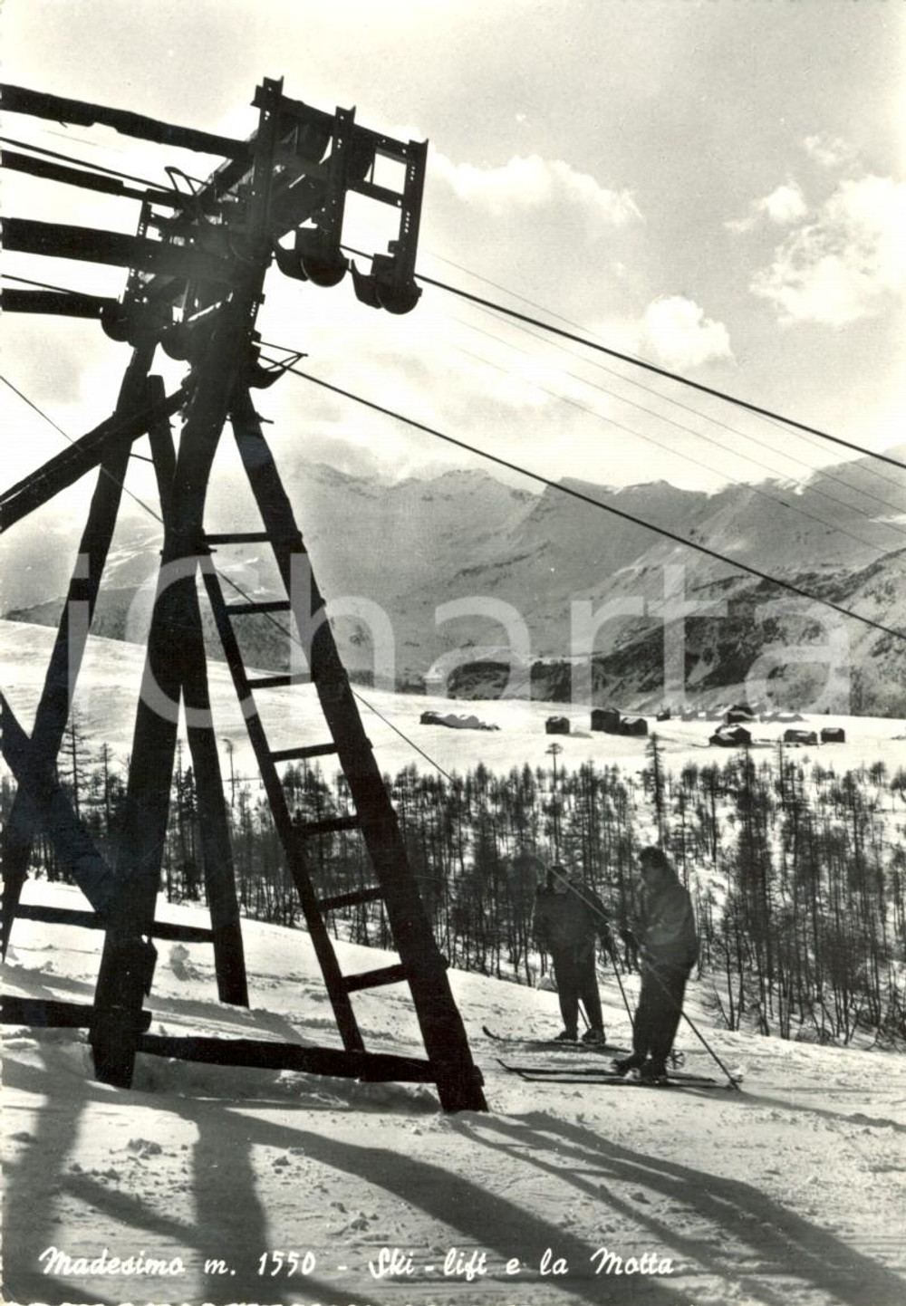 Cartolina originale da collezione 1959 MADESIMO (SO) Ski-lift e La Motta *Cartolina animata FG VG 1