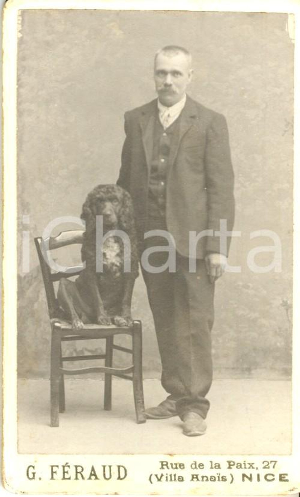 Fotografia d'epoca originale 1900 ca NICE Ritratto di uomo con cane *Foto G. FERAUD 1