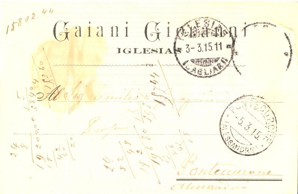 Cartolina originale da collezione 1915 IGLESIAS (CA) Giovanni GAIANI Sugheri a Emilio GUAGNINI *Cartolina FP VG 1