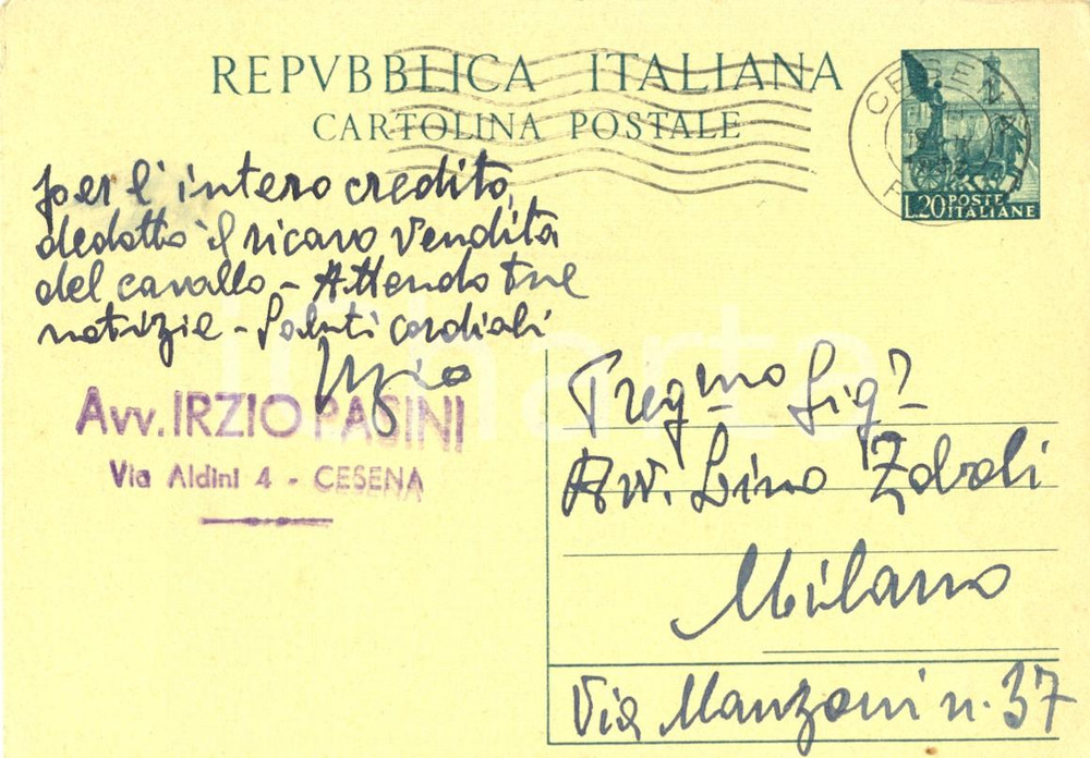 Autografo originale 1952 CESENA *Cartolina autografa poeta Irzio PASINI PASIRZIO FG VG 1