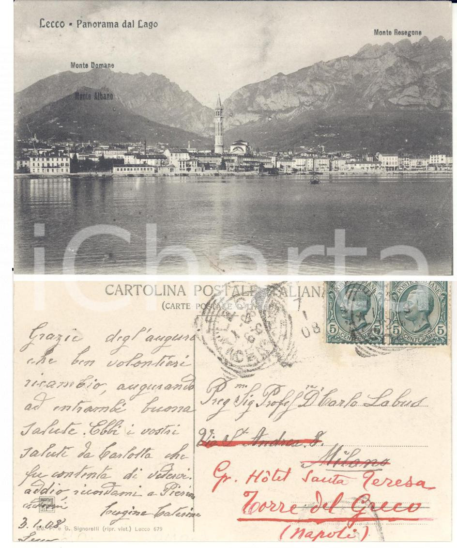 Cartolina originale da collezione 1908 LECCO Panorama del lago Cartolina a Carlo LABUS FP VG 1