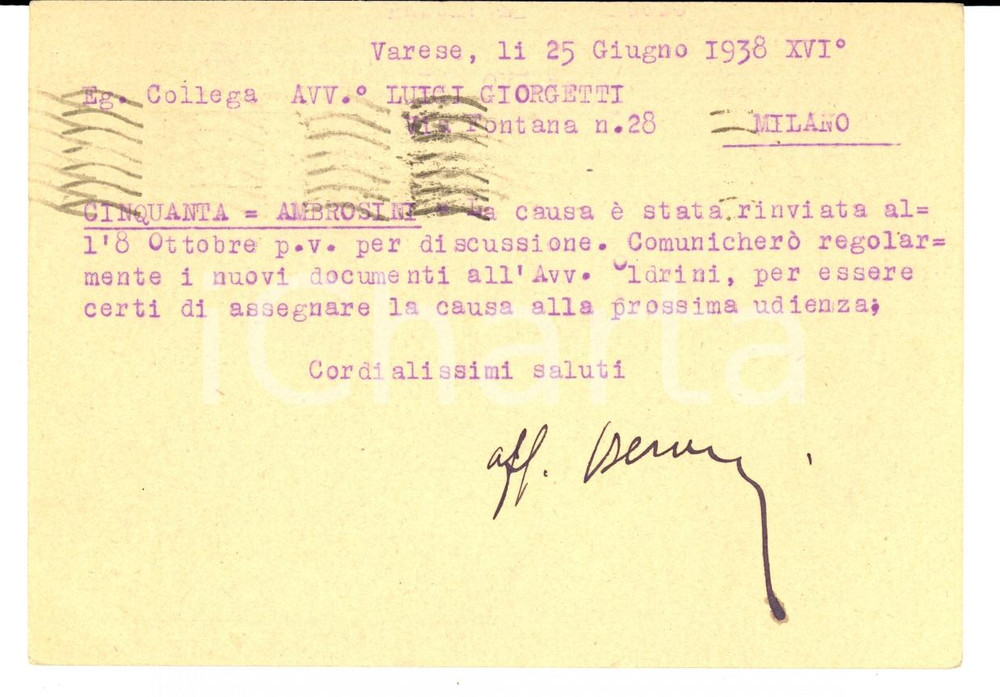 Cartolina originale da collezione 1938 VARESE Avv. Giulio BESOZZI al collega Luigi GIORGETTI Autografo 1