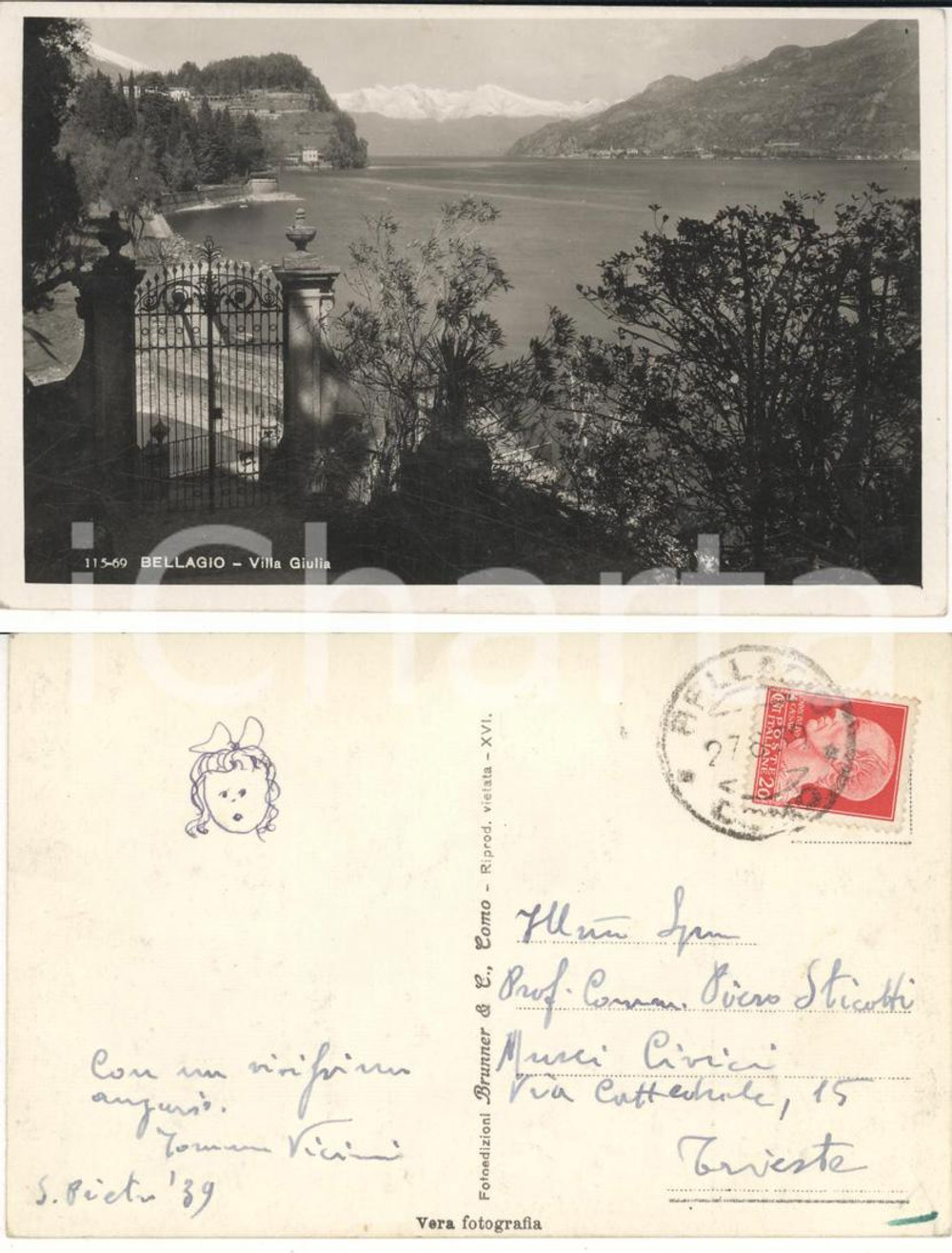 Autografo originale 1939 BELLAGIO (CO) Villa GIULIA *Cartolina Tommaso VICINI Autografo FP VG 1