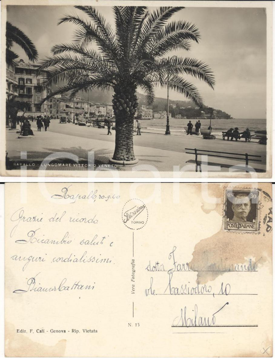 Autografo originale 1940 RAPALLO (GE) Lungomare *Cartolina Bianca CATTANI a Ferdinando Cesare FARRA 1