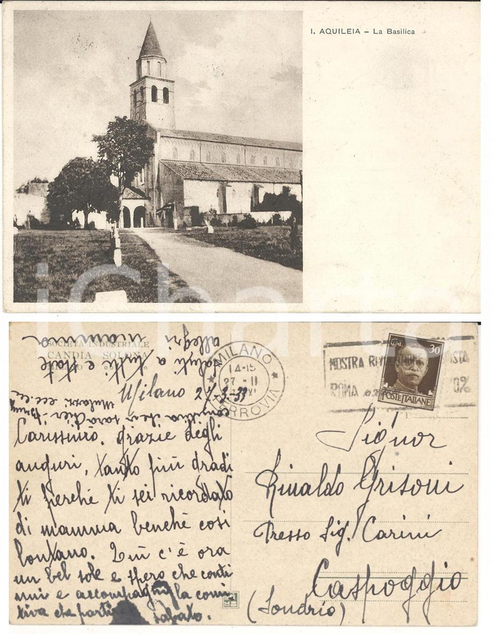 Cartolina originale da collezione 1933 AQUILEIA (UD) La basilica *Cartolina a Rinaldo GRISONI dalla madre FP VG 1