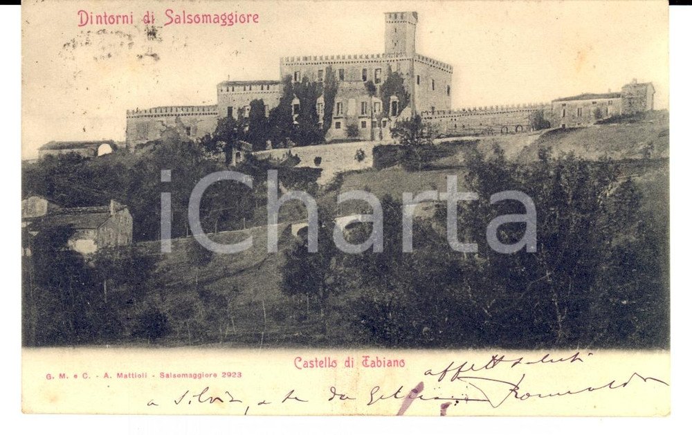 Cartolina originale da collezione 1902 TABIANO TERME PR Veduta castello Cartolina ad Alessandro BELMONDO CACCIA 1
