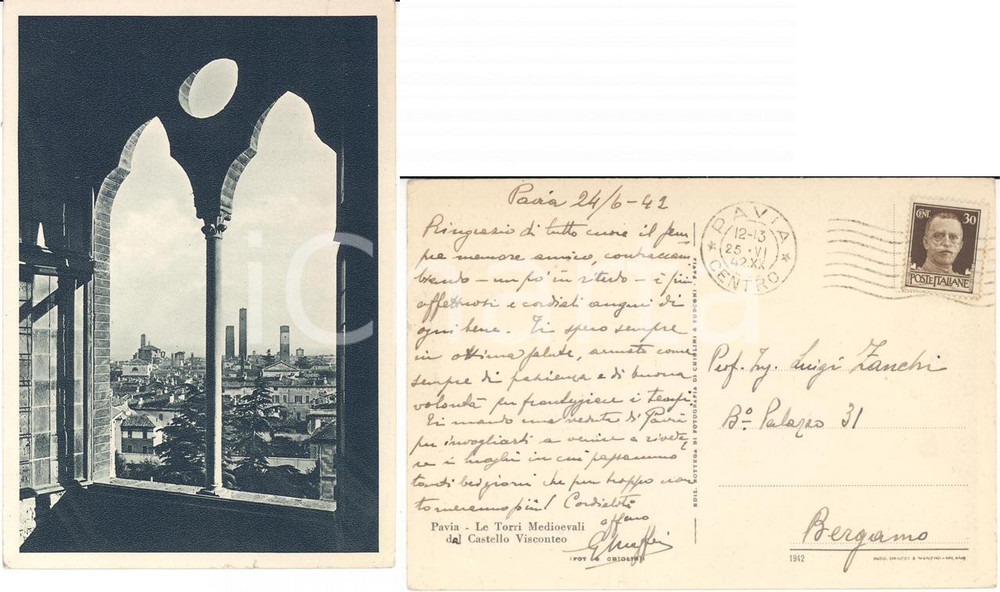 Autografo originale 1942 PAVIA Castello Visconteo *Cartolina Giuseppe MAFFEI all'ing. Luigi ZANCHI 1
