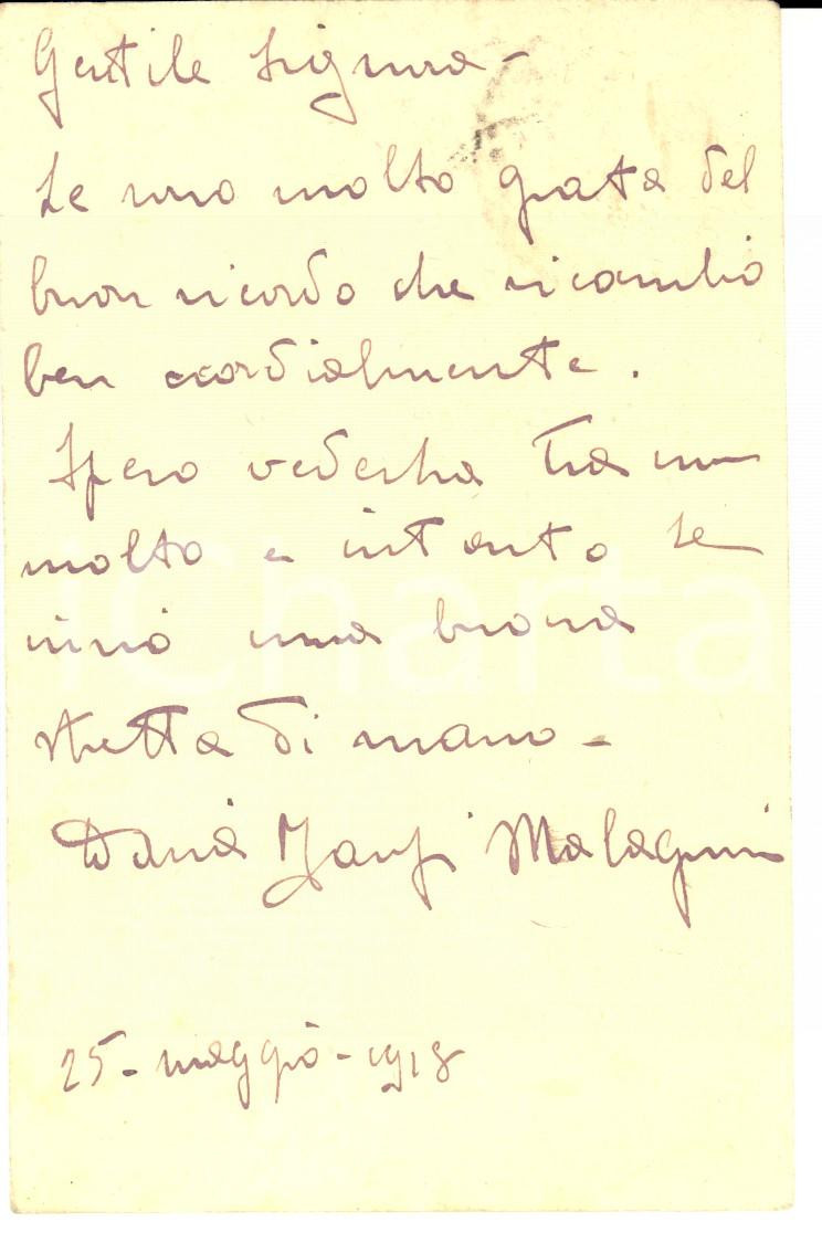 Autografo originale 1918 ALESSANDRIA Daria BANFI MALAGUZZI ringrazia per un omaggio Autografo 1