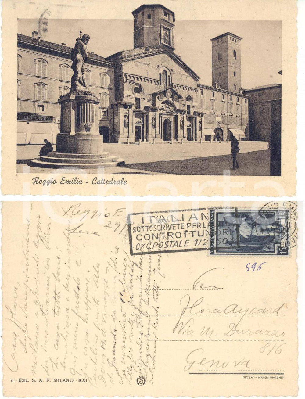 Cartolina originale da collezione 1954 REGGIO EMILIA Cattedrale *Cartolina a poetessa Maria Flora AYCARD FP VG 1