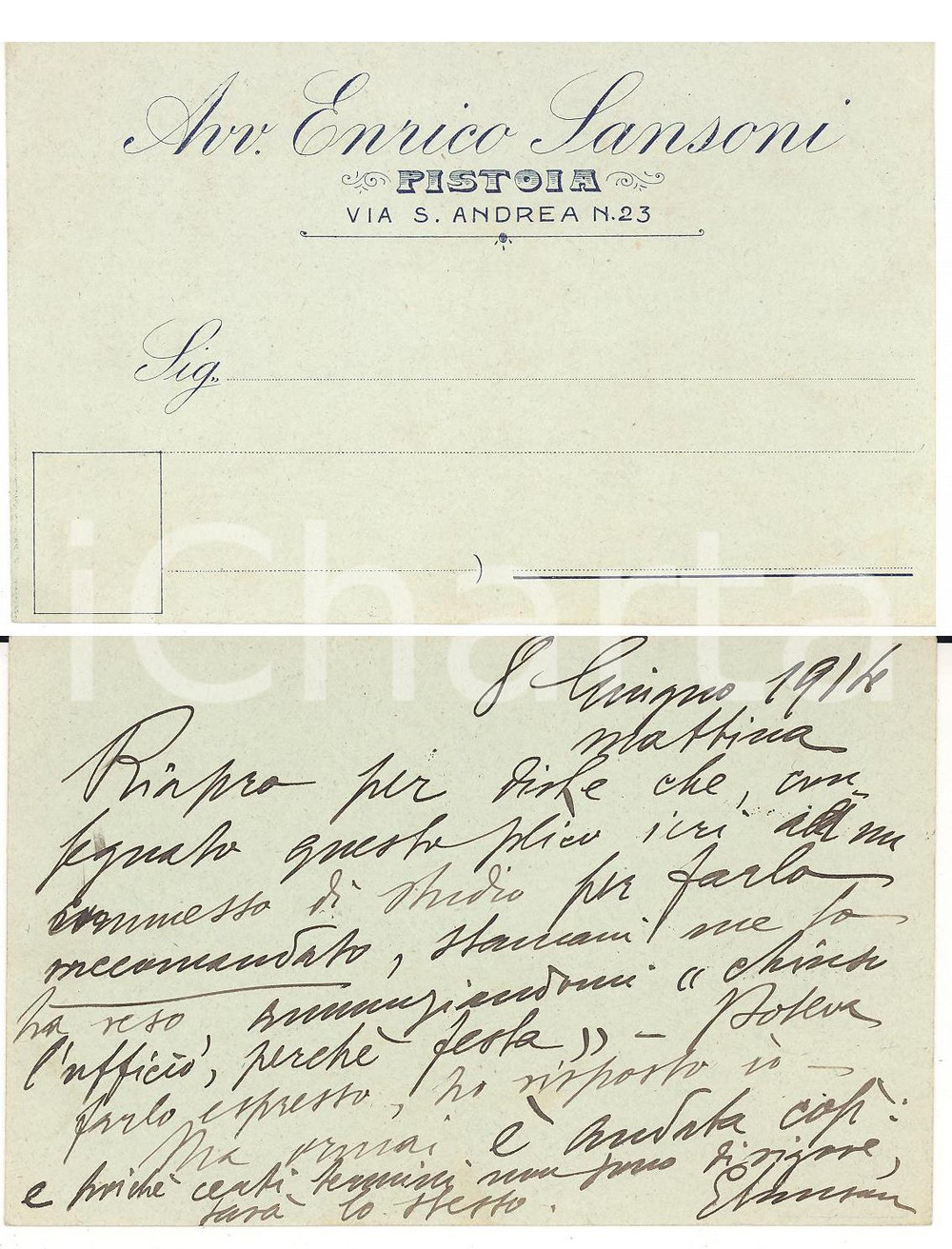 Autografo originale 1914 PISTOIA Cartolina avv. Enrico SANSONI *Autografo FP 1