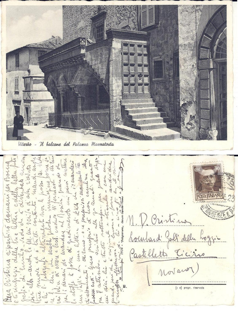 Cartolina originale da collezione 1923 VITERBO Palazzo Mazzatosta Cartolina a Cristina LOMBARDI GALLI DELLA LOGGIA 1