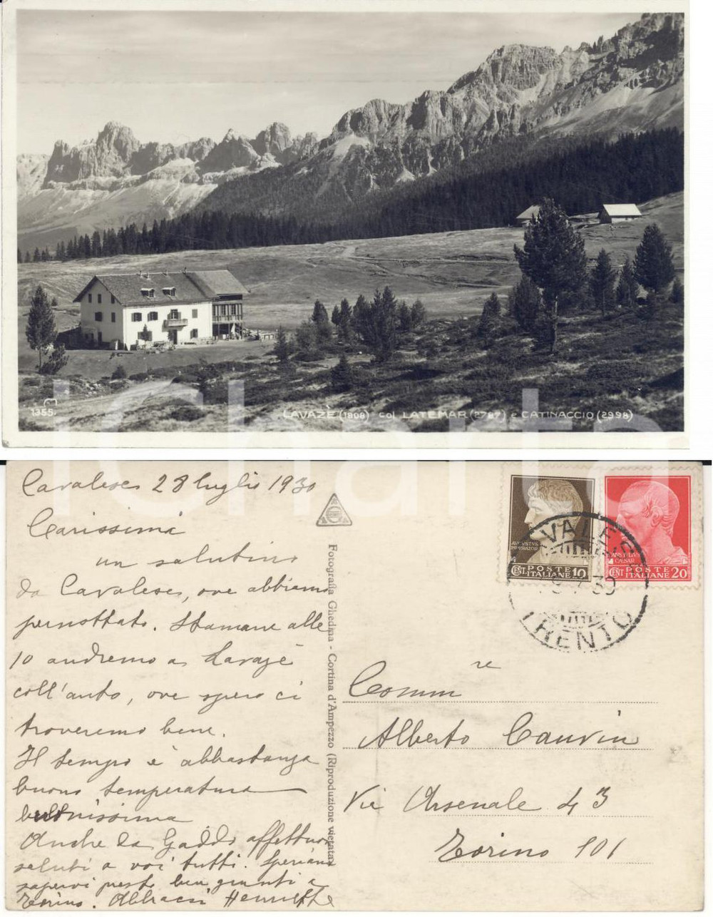Cartolina originale da collezione 1930 LAVAZE' (TN) Veduta con LATEMAR *Cartolina al comm. Alberto CAUVIN FP VG 1