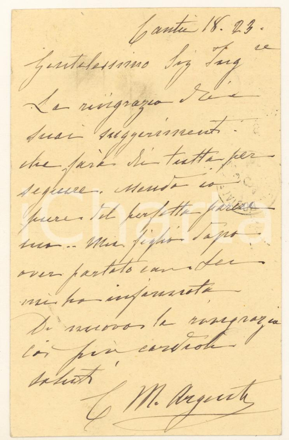 Cartolina originale da collezione 1923 CANTU' (CO) Carlo Maria ARGENTI ringrazia l'ing. Clemente PRETI *Cartolina 1