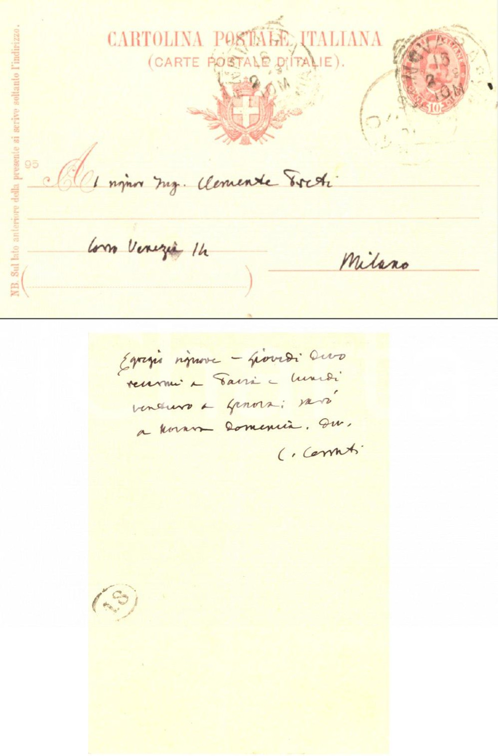 Autografo originale 1897 NOVARA Senatore Carlo CERRUTI all'ing. Clemente PRETI *Cartolina AUTOGRAFO 1