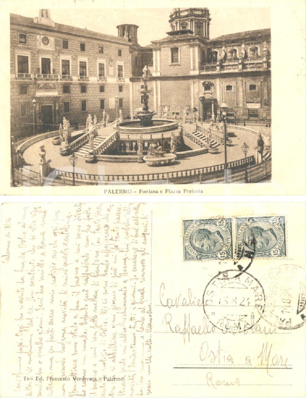 Cartolina originale da collezione 1924 PALERMO Fontana e piazza Pretoria *Cartolina Mario ORTOLANI FP VG 1