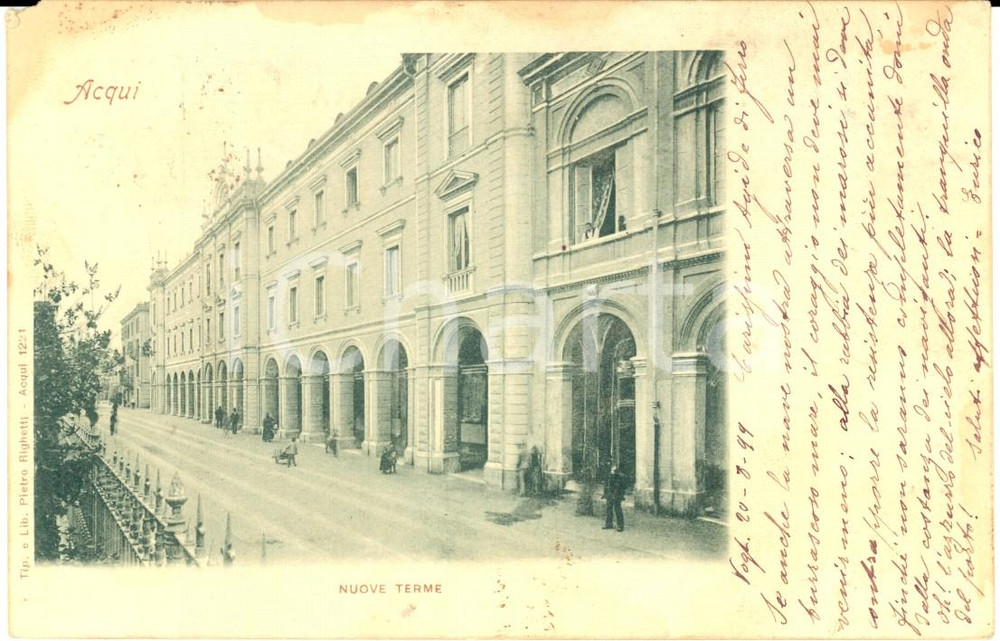 Cartolina originale da collezione 1899 ACQUI TERME (AL) Nuove terme *Cartolina ad Agide FERRARI FP VG 1