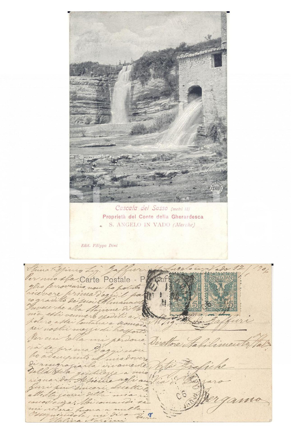 Cartolina originale da collezione 1906 SANT ANGELO IN VADO PU Cascata del Sasso Cartolina Italina NARDINI FP 1