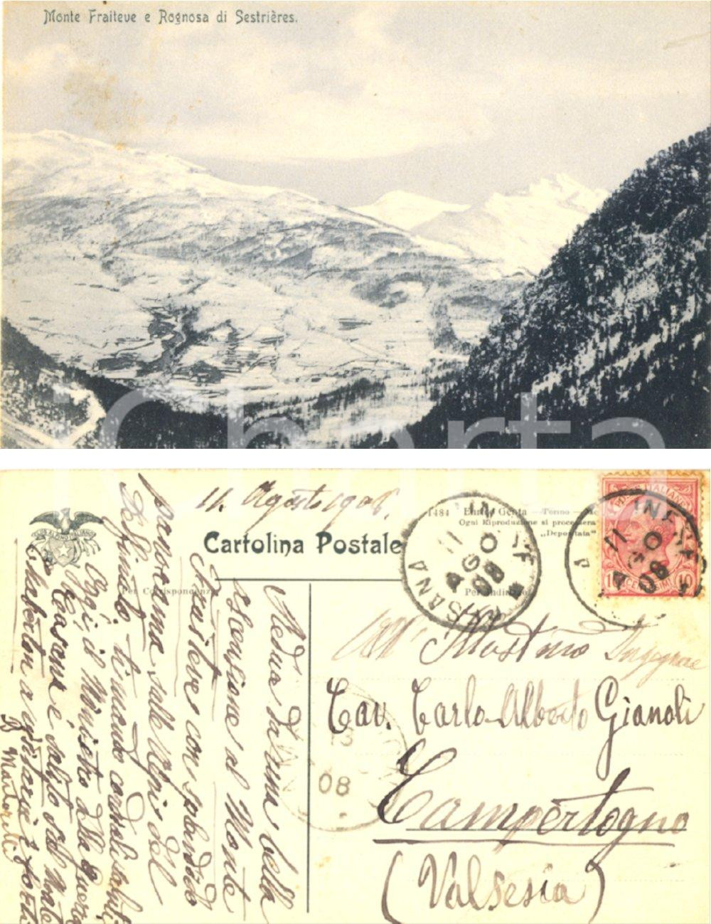 Autografo originale 1908 SESTRIERE (TO) Veduta con il monte FRAITEVE *Cartolina B. MARTORELLI 1