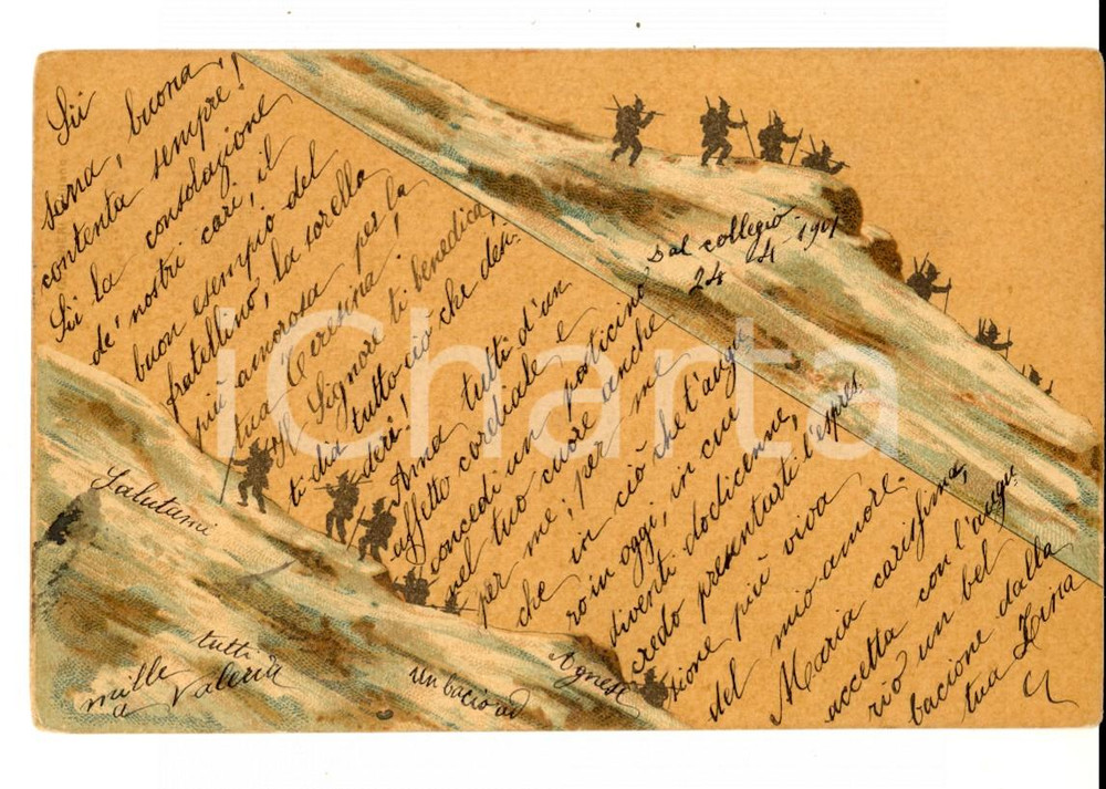 Cartolina originale da collezione 1901 ALPINISMO Cartolina illustrata con alpinisti in cordata FP VG RARA 1