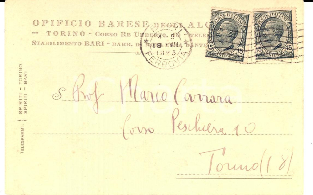 Cartolina originale da collezione 1923 BARI Opificio Barese degli Alcools Cartolina INTESTATA FP VG 1