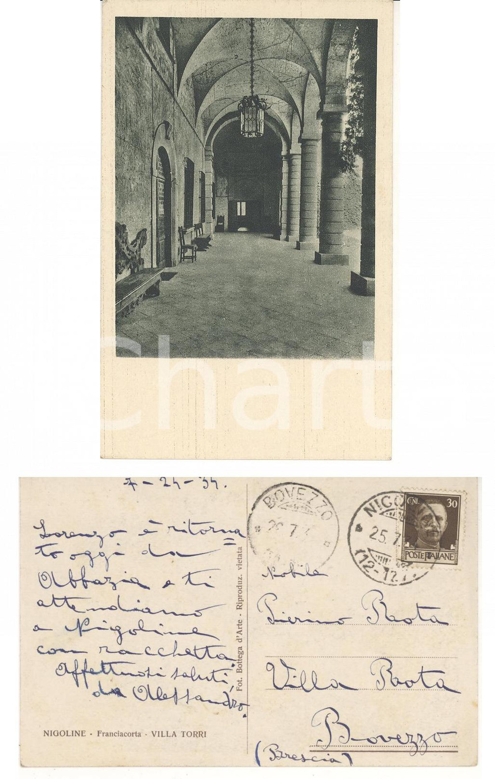 Autografo originale 1934 NIGOLINE CORTE FRANCA Villa TORRI Cartolina barone Alessandro TORRI 1