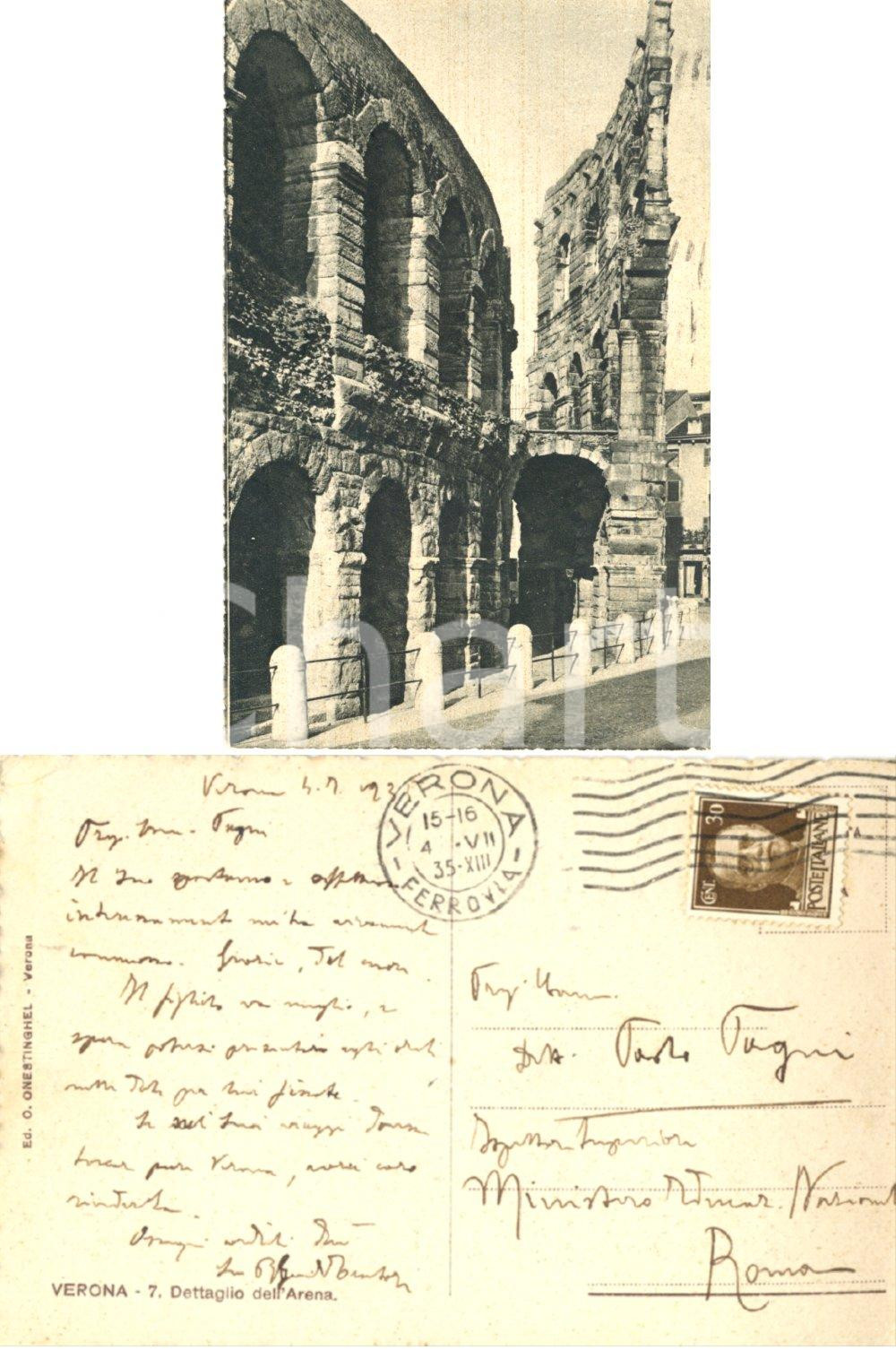 Autografo originale 1935 VERONA Veduta dell Arena Autografo Rosario Guido TENTORI FP VG 1