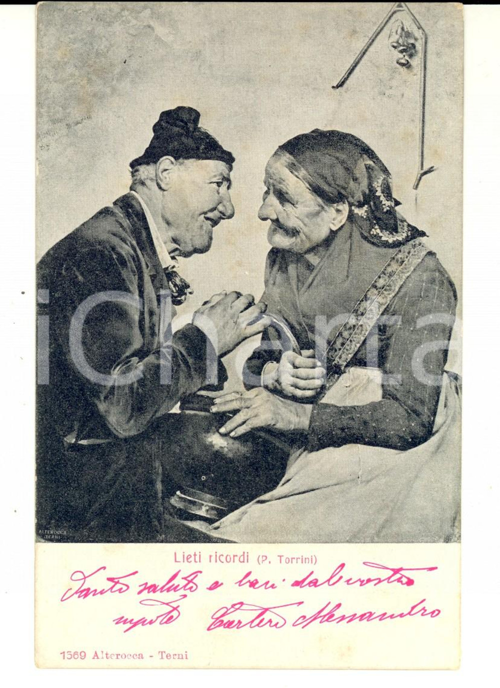 Autografo originale 1905 Anziani in lieti ricordi Cartolina Alessandro CARTERI Autografo FP VG 1