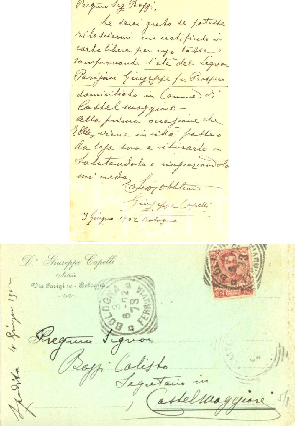 Autografo originale 1902 BOLOGNA Cartolina del notaio Giuseppe CAPELLI *Autografo FP VG 1
