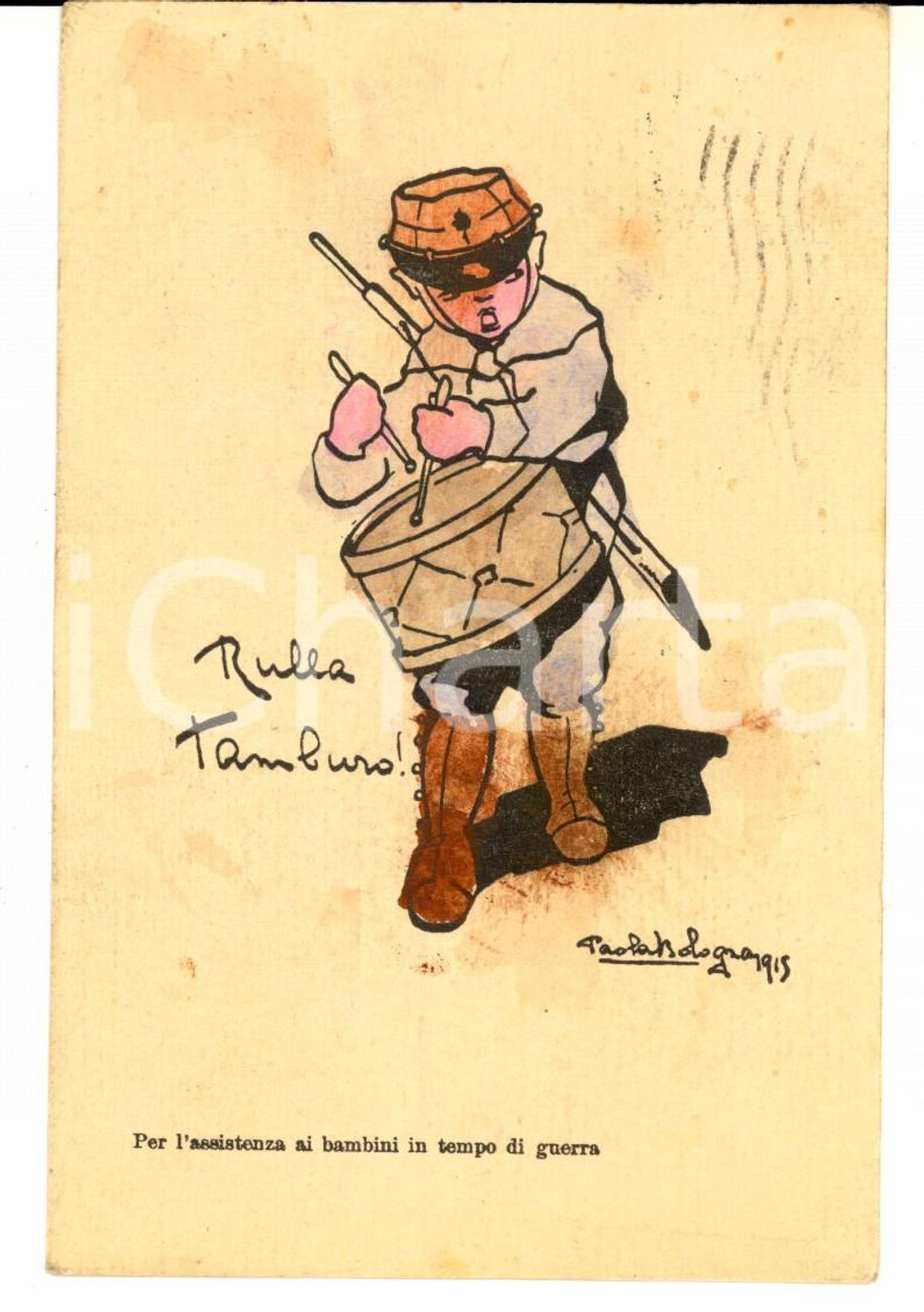 Cartolina originale da collezione 1915 Paola BOLOGNA Rulla tamburo! Cartolina postale ACQUERELLATA A MANO 1