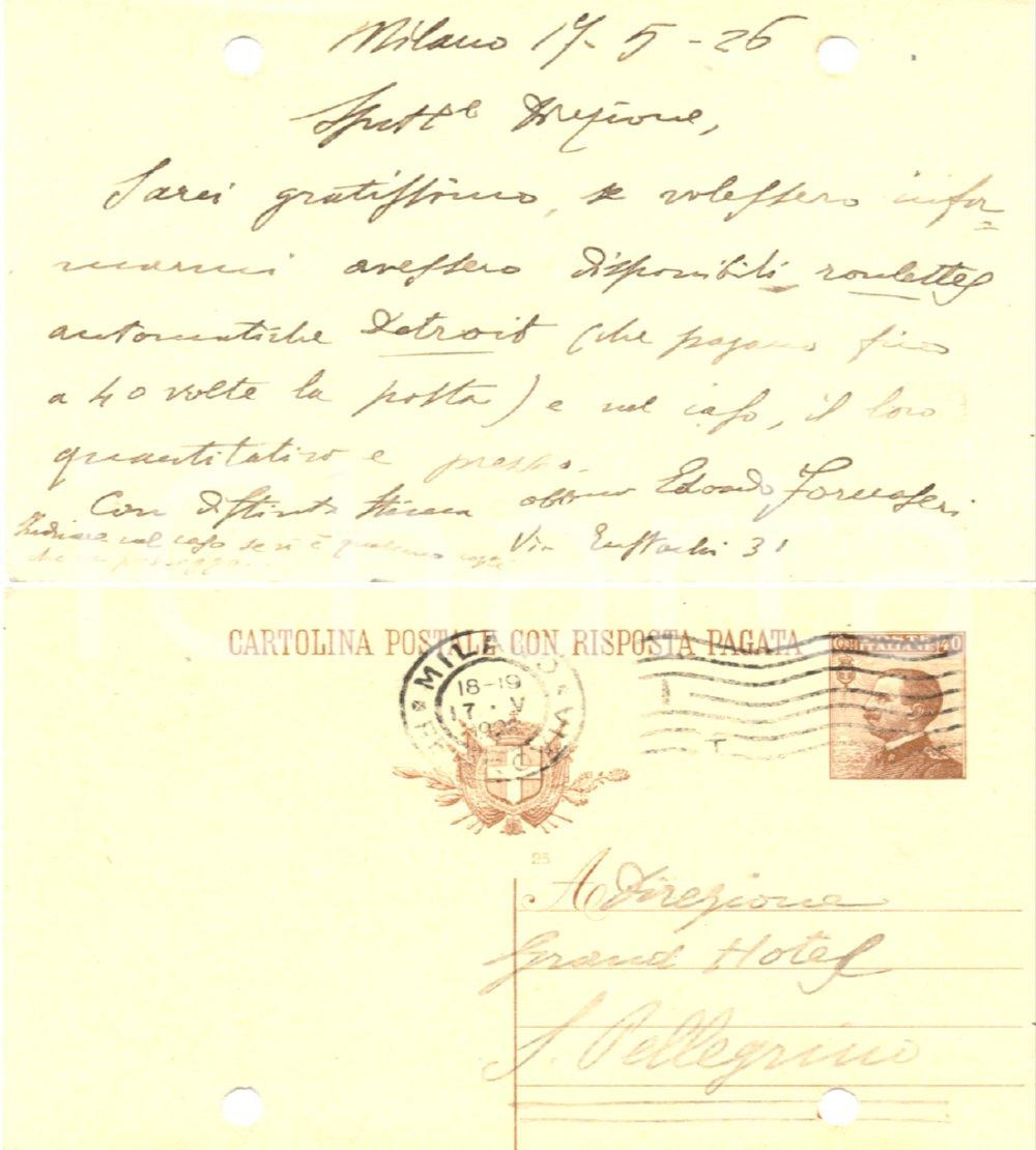 Cartolina originale da collezione 1926 MILANO Edoardo FORNASIERI chiede roulettes automatiche DETROIT Cartolina FP 1