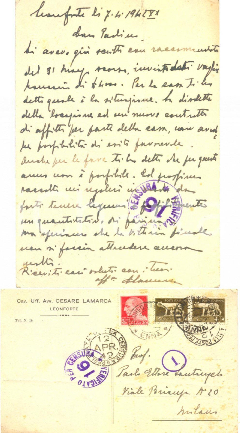 Autografo originale 1942 LEONFORTE EN Cav. avv. Cesare LAMARCA su una locazione  Cartolina FG VG 1