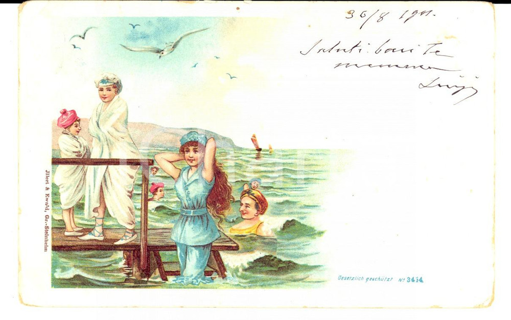 Cartolina originale da collezione 1903 COSTUMI Donne e ragazze al bagno in cuffietta Cartolina VINTAGE FP VG 1