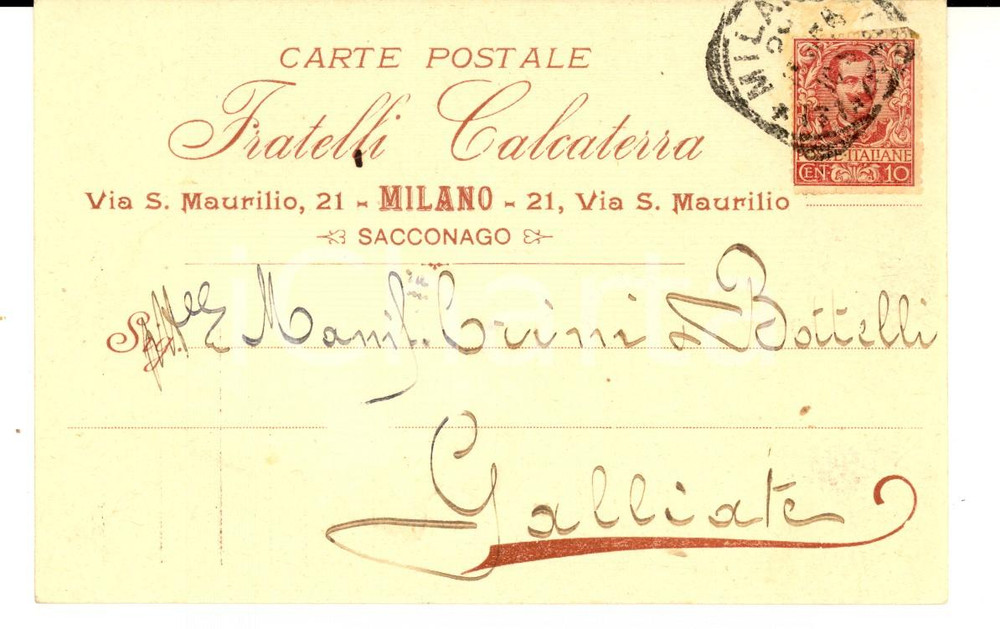 Cartolina originale da collezione 1904 MILANO via San Maurilio - Fratelli CALCATERRA *Cartolina INTESTATA FP VG 1
