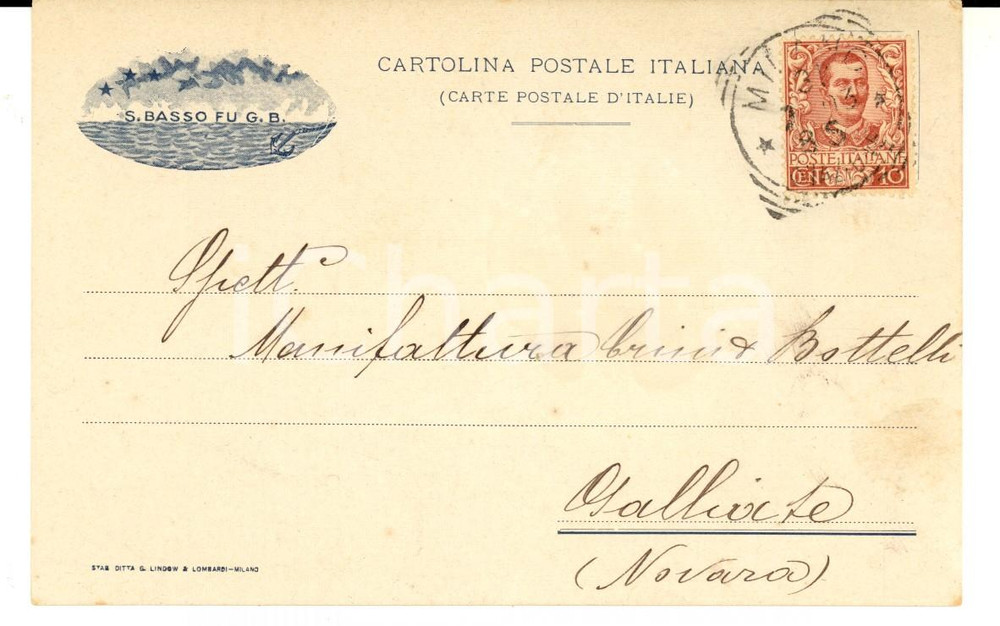 Cartolina originale da collezione 1903 MILANO Sebastiano BASSO fu G. B. Barili olio cocco Cartolina INTESTATA FP 1