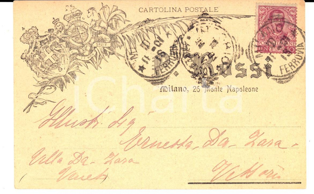 Cartolina originale da collezione 1901 MILANO Via MONTENAPOLEONE 26 P. ROSSI Confezioni abiti Cartolina FP VG 1