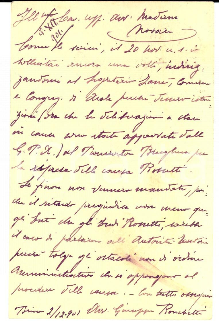 Cartolina originale da collezione 1901 TORINO Avv. Giuseppe RONCHETTI al cav. Enrico MADERNA su eredi ROSSETTI 1
