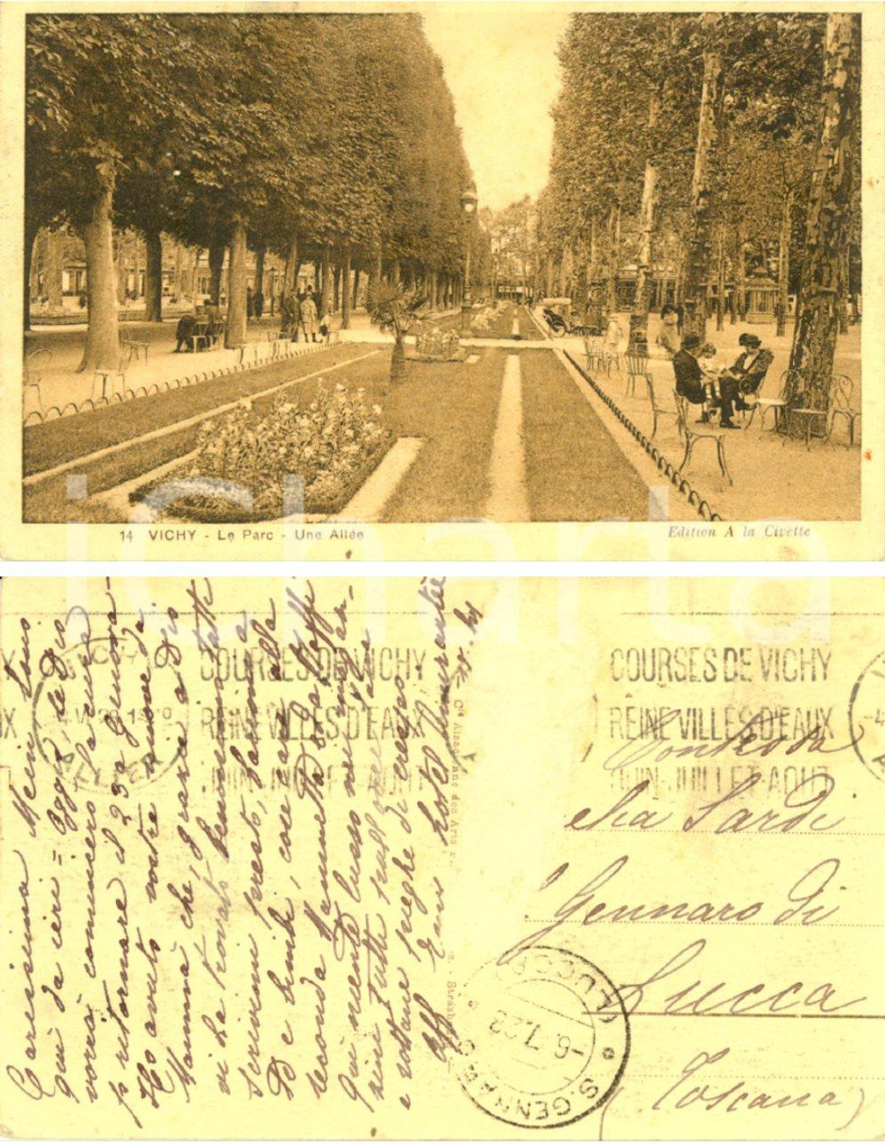 Autografo originale 1928 VICHY (F) Le Parc - Une allÃ©e *Cartolina alla contessa Amelia SARDI FP VG 1