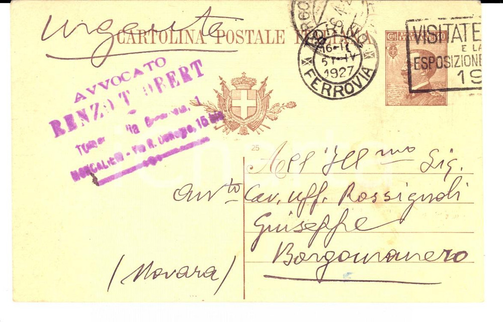 Cartolina originale da collezione 1927 TORINO Avv. Renzo OBERT allo zio Giuseppe ROSSIGNOLI Cartolina postale 1