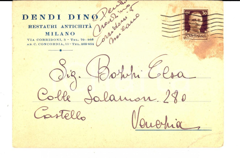 Cartolina originale da collezione 1940 ca MILANO Cartolina postale Nardino DENDI Restauri antichitÃ  FG VG 1