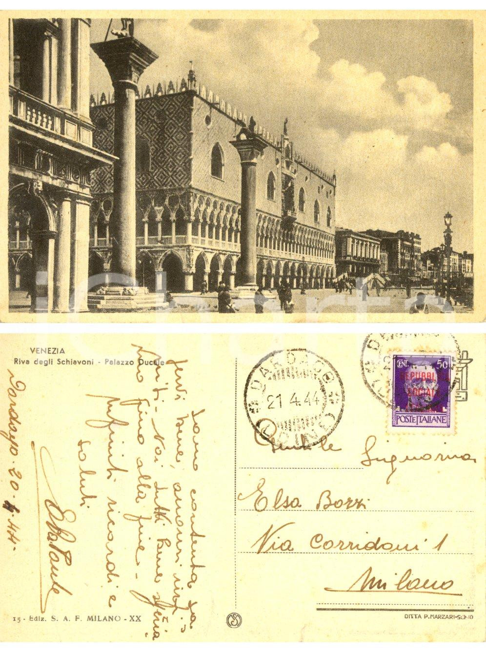 Cartolina originale da collezione 1944 STORIA POSTALE VENEZIA Palazzo Ducale Affrancatura 50 cent SOVRASTAMPA RSI 1