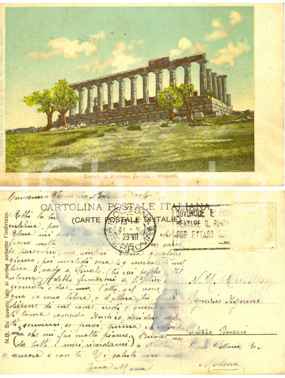Cartolina originale da collezione 1929 AGRIGENTO Tempio di Giunone Lacinia *Cartolina a Ignazio AGNINI DANNEGGIATA 1