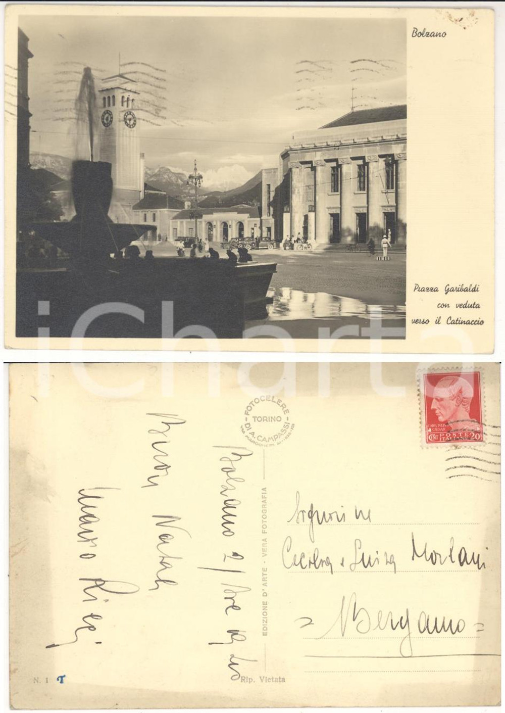 Autografo originale 1940 BOLZANO Piazza Garibaldi *Mario RICCI a Cecilia GENTILE MORLANI FG VG 1
