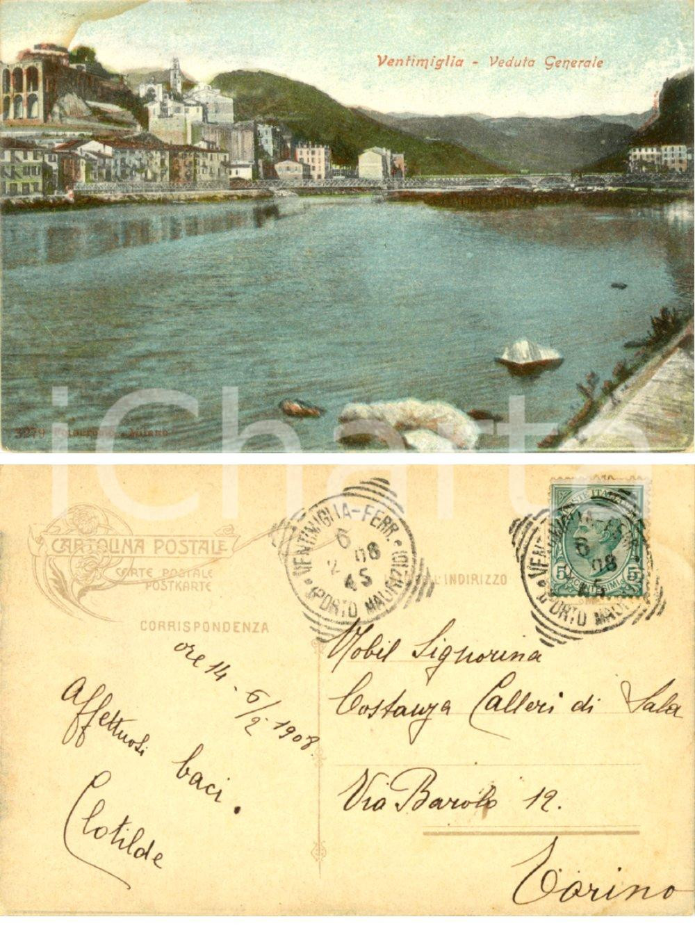 Autografo originale 1908 VENTIMIGLIA Veduta generale *Autografo contessa Clotilde CALLERI DI SALA 1