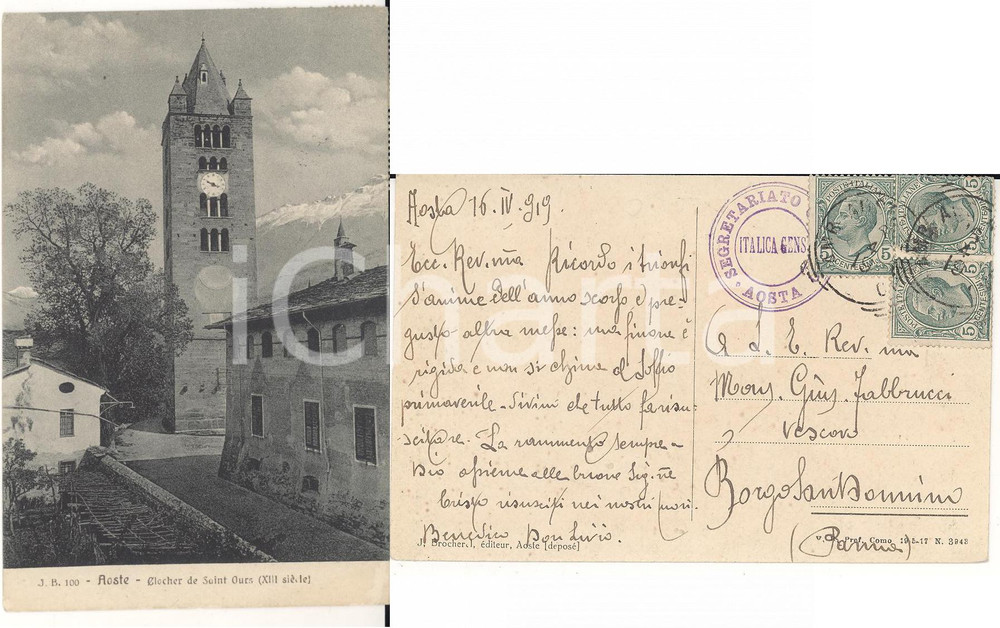 Autografo originale 1919 AOSTA Campanile SANT ORSO Cartolina Don Livio a Mons. Giuseppe FABBRUCCI 1