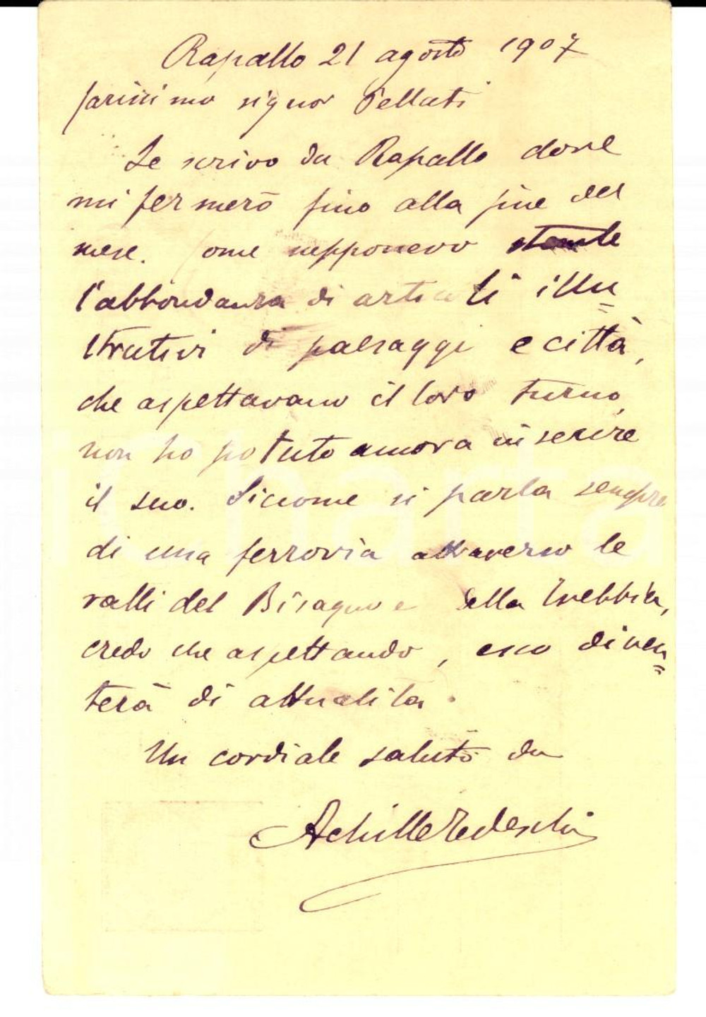 Autografo originale 1907 RAPALLO (GE) Achille TEDESCHI a Franz PELLATI per un articolo AUTOGRAFO 1