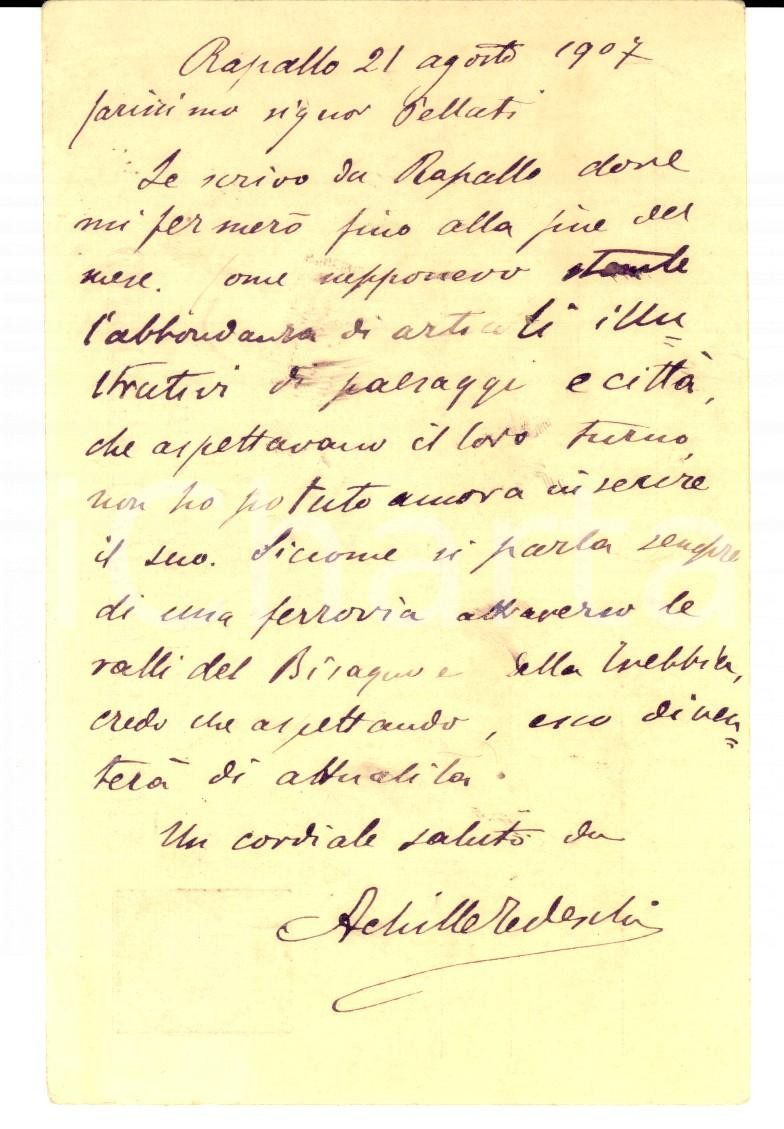 Autografo originale 1907 RAPALLO GE Achille TEDESCHI a Franz PELLATI per un articolo AUTOGRAFO 1